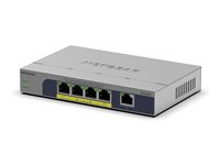 NETGEAR GS105P - Switch - ohanterad - 1 x 10/100/1000 + 4 x 10/100/1000 (PoE+) - skrivbordsmodell, väggmonterbar - PoE+ (63 W) GS105P-300EUS