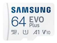 Samsung EVO Plus MB-MC64S - Flash-minneskort (microSDXC till SD-adapter inkluderad) - 64 GB - A1 / Video Class V10 / UHS-I U1 / Class10 - mikroSDXC UHS-I - vit MB-MC64SA/EU